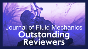 Promotional image for the Journal of Fluid Mechanics featuring the text 'Outstanding Reviewers' overlaid on a background of fluid dynamic visualizations in purple tones.