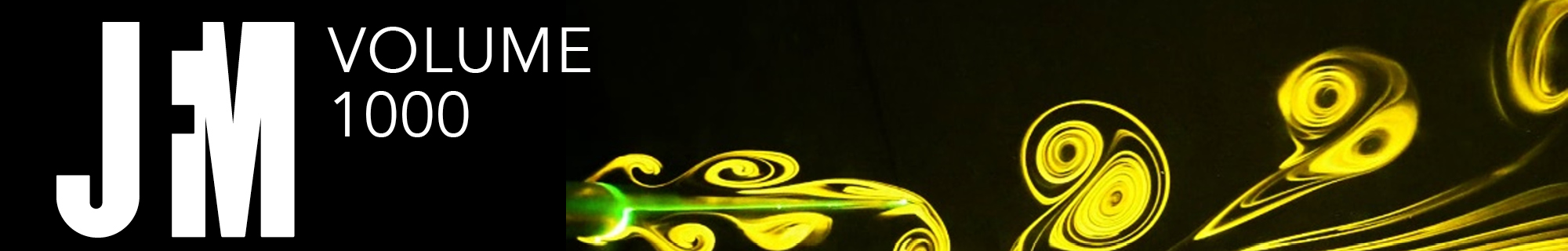 JFM Volume 1000. Swirls of green and yellow fluid on a black background beside the text.