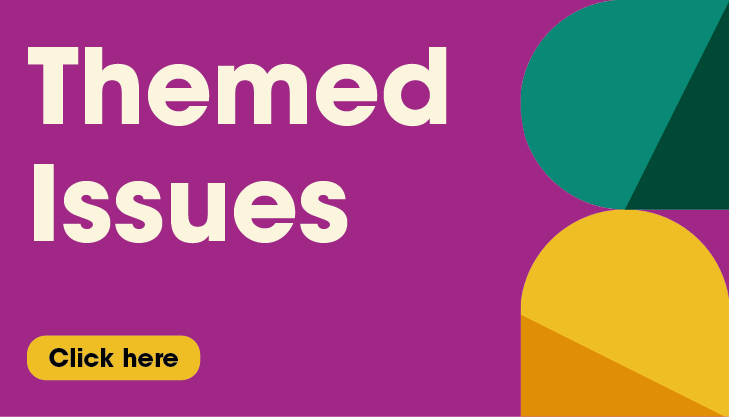 Graphic with the text 'Themed Issues' on a purple background, alongside abstract colorful shapes and a 'Click here' button.